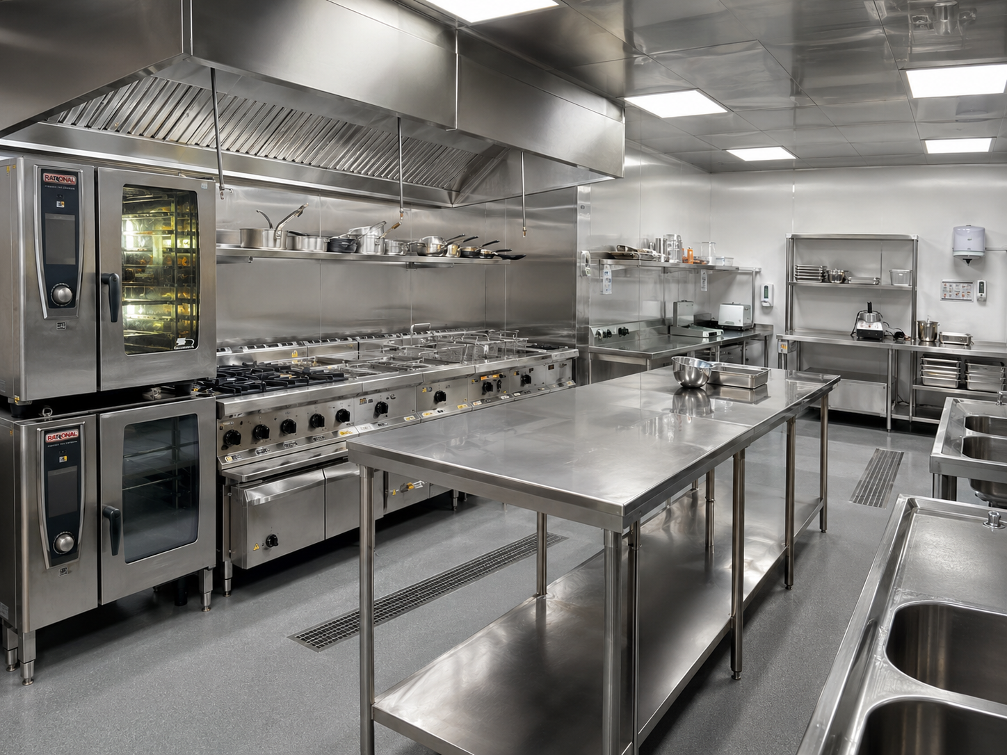Cocina industrial con equipamiento en acero inoxidable, estaciones de trabajo y distribución operativa profesional